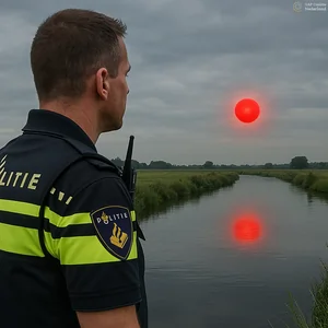 Nederlandse politieagent neemt tijdens surveillance een onbekend vliegend object (rode UAP) waar boven een rivier (AI)